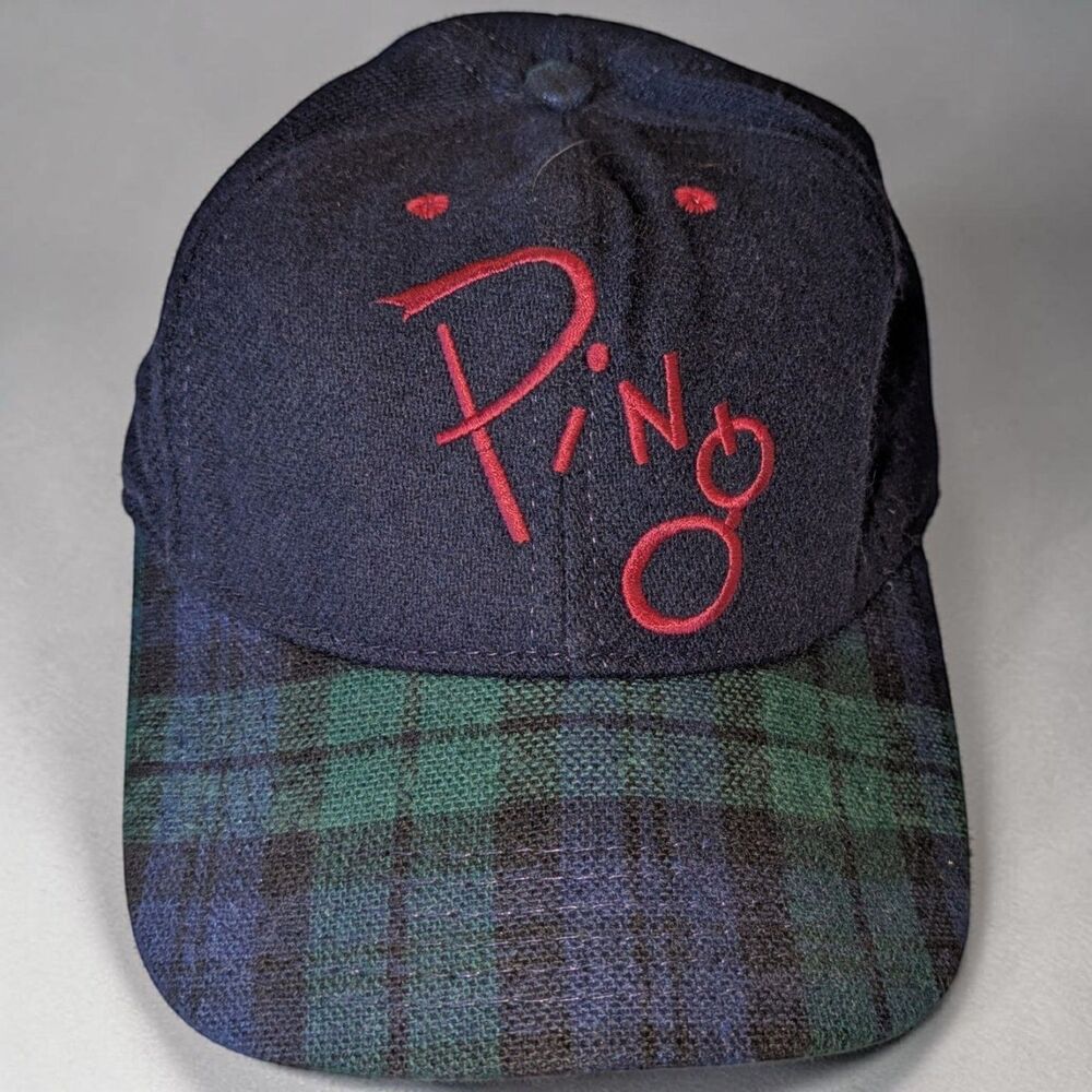 Vintage PING Hat By Karsten Wool Plaid Golf Strap Back RARE Blue Green Tartan
